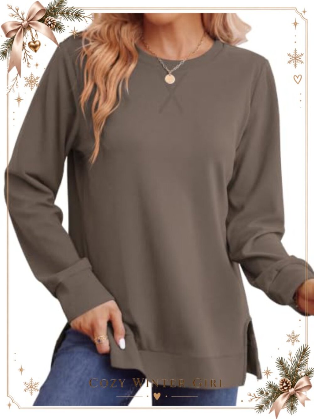 Women's Crewneck Sweatshirt Side Split Long Sleeve Tunic Top